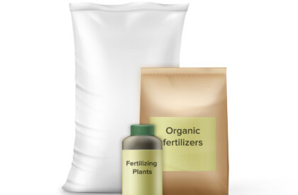 Vector set of bottle and bags with fertilizer for gardening, farming. Isolated on white background